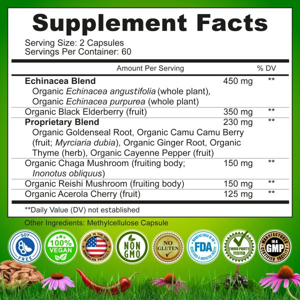 Echinacea Goldenseal Capsules - 10 in 1 Immune Support Supplement - 1455mg - Vegan Echinacea Capsules Supplement Made With Organic Whole Foods - Herbal Immune System Support - 2 Month Supply Sale